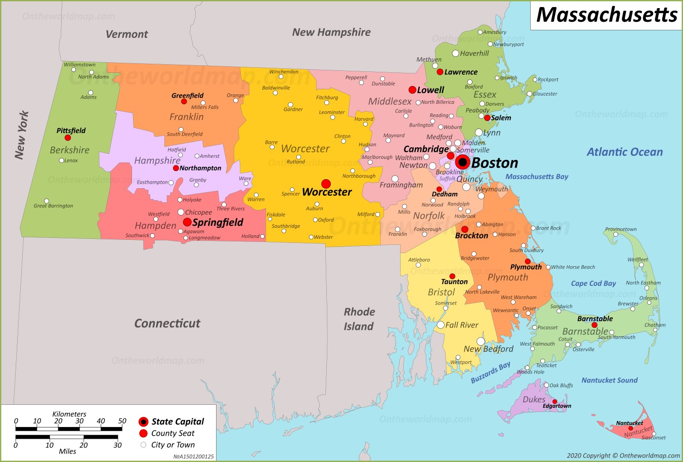 Map of Massachusetts showing Service area for Targeted Web Design including cities of services Andover, North Andover, Burlington, Dracut, Billerica, Tewksbury, Reading, North Reading, Wilmington, Winchester, Lawrence, Lowell, and many more