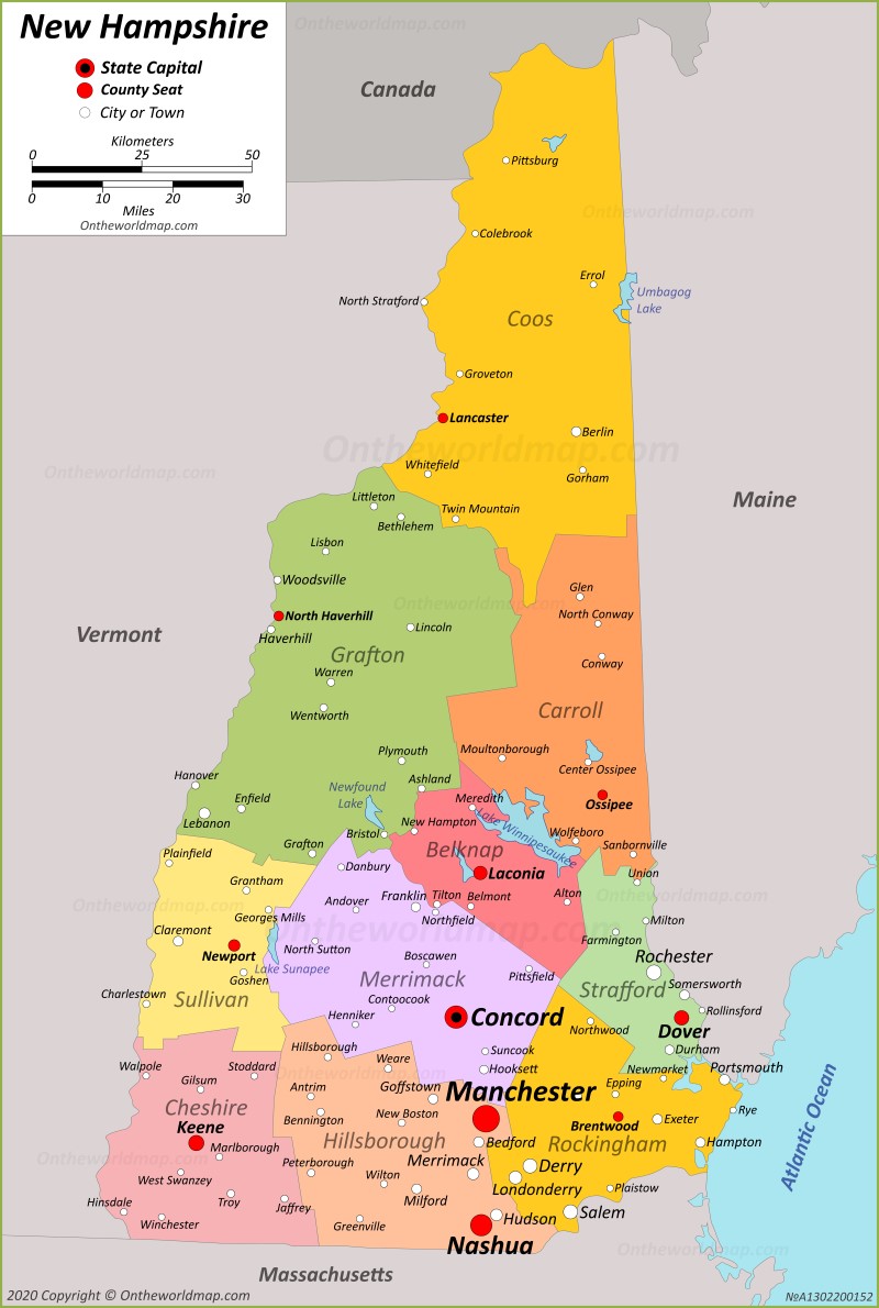 Map of New Hampshire showing Service area for Targeted Web Design including cities of Derry, Hampstead, Hudson, Londonderry, Nashua, Pelham, Plaistow, Manchester, Salem, Windham, and many more